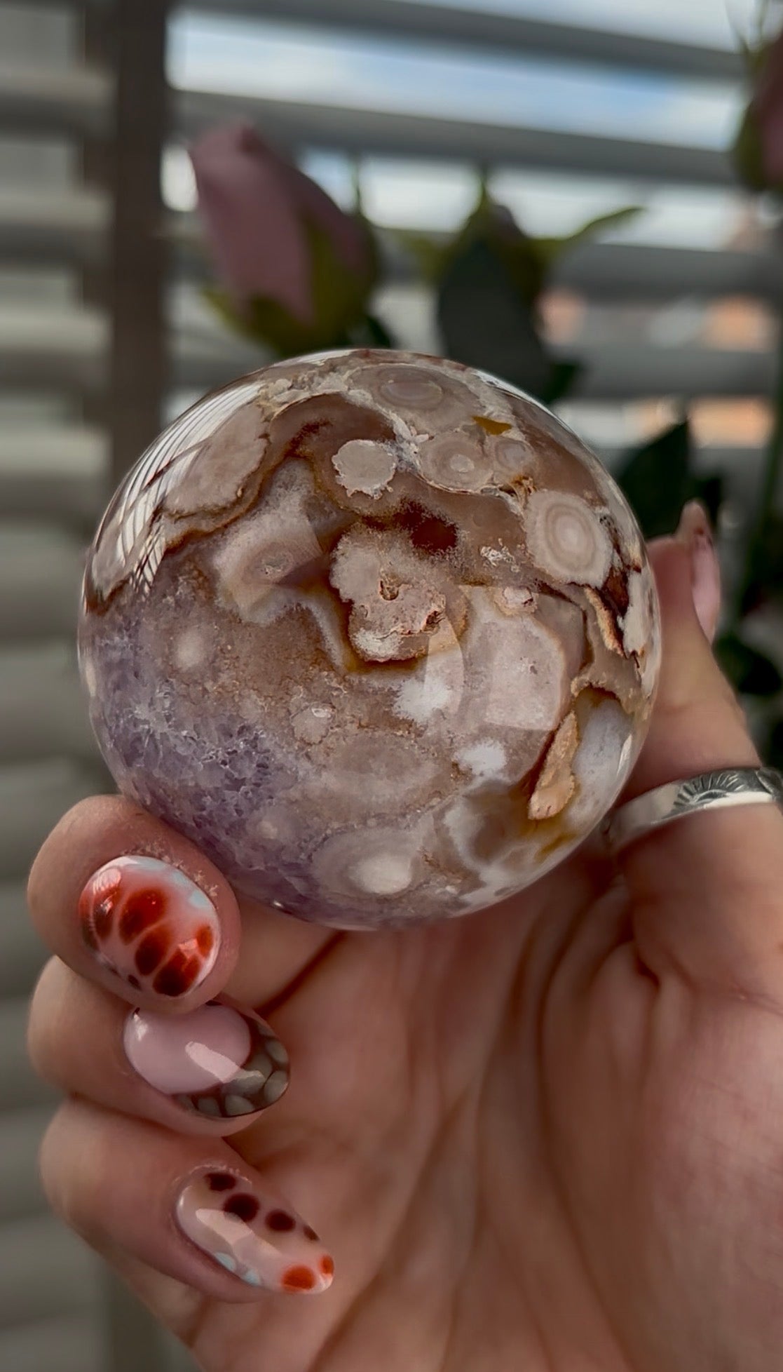 High grade, amethyst Flower agate sphere with druzy quartz