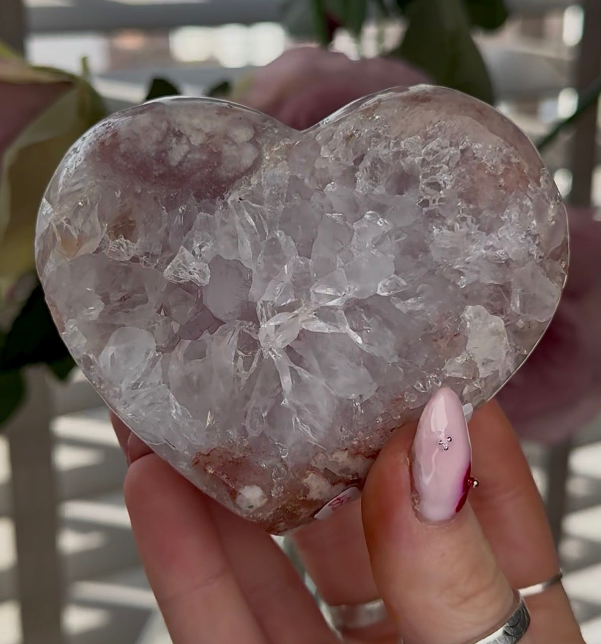 Hq pink amethyst heart with quartz - comes with stand