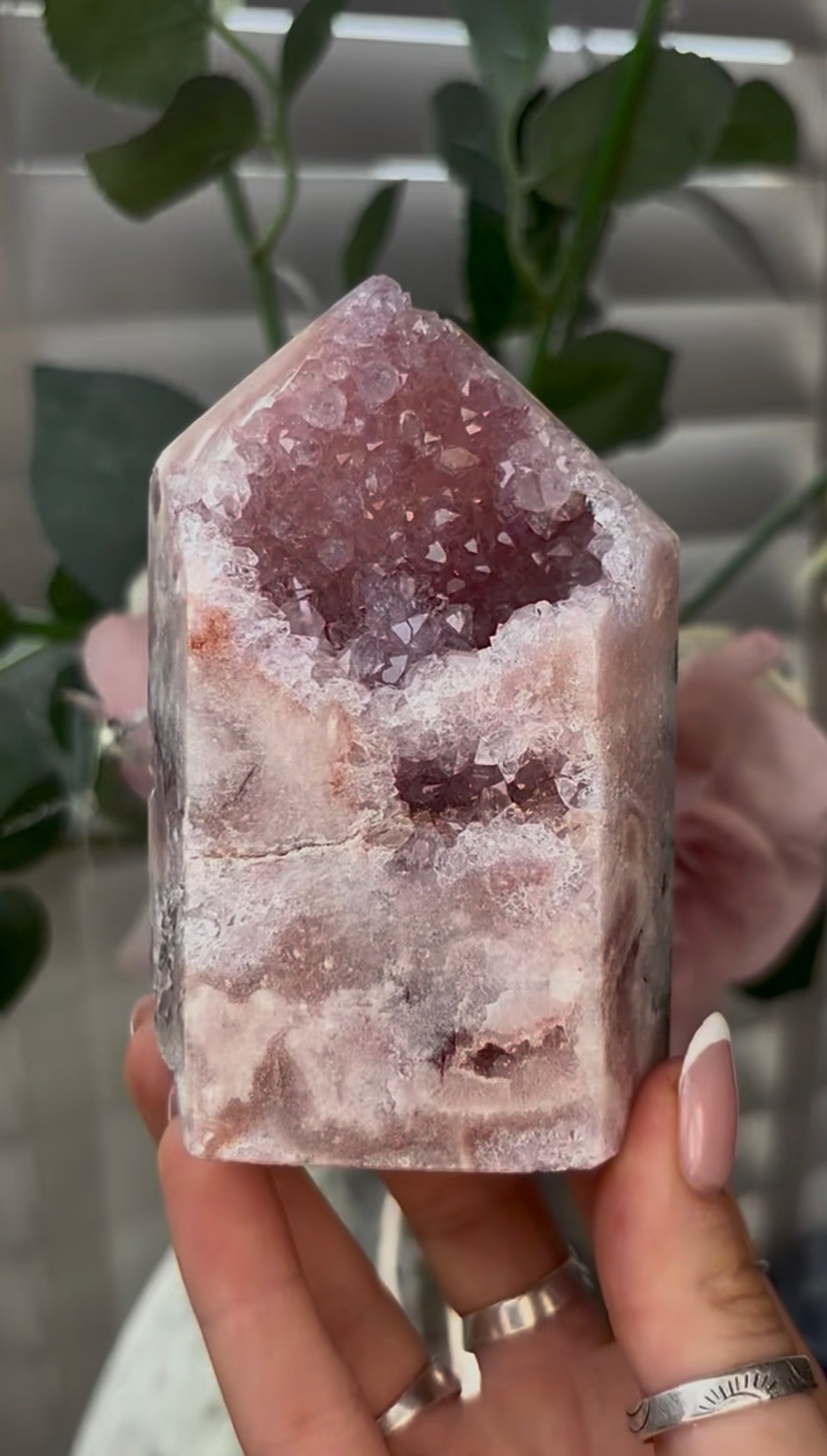 Beautiful, hq, druzy, Pink amethyst tower 10.3cm(h) by 6cm(w)