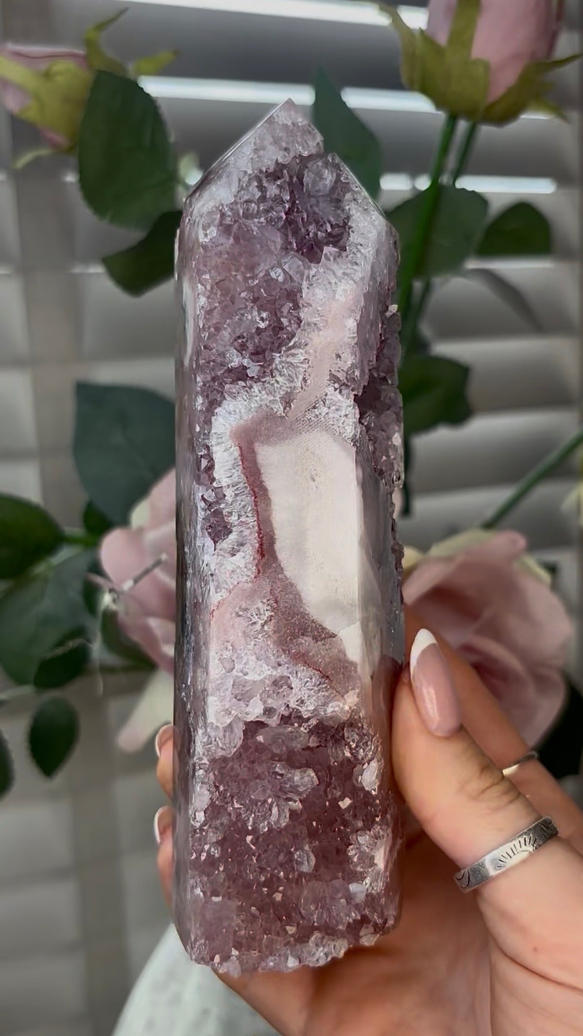 Beautiful, high quality, Pink amethyst tower with lilac quartz 18cm(h) by 4.5cm(w)