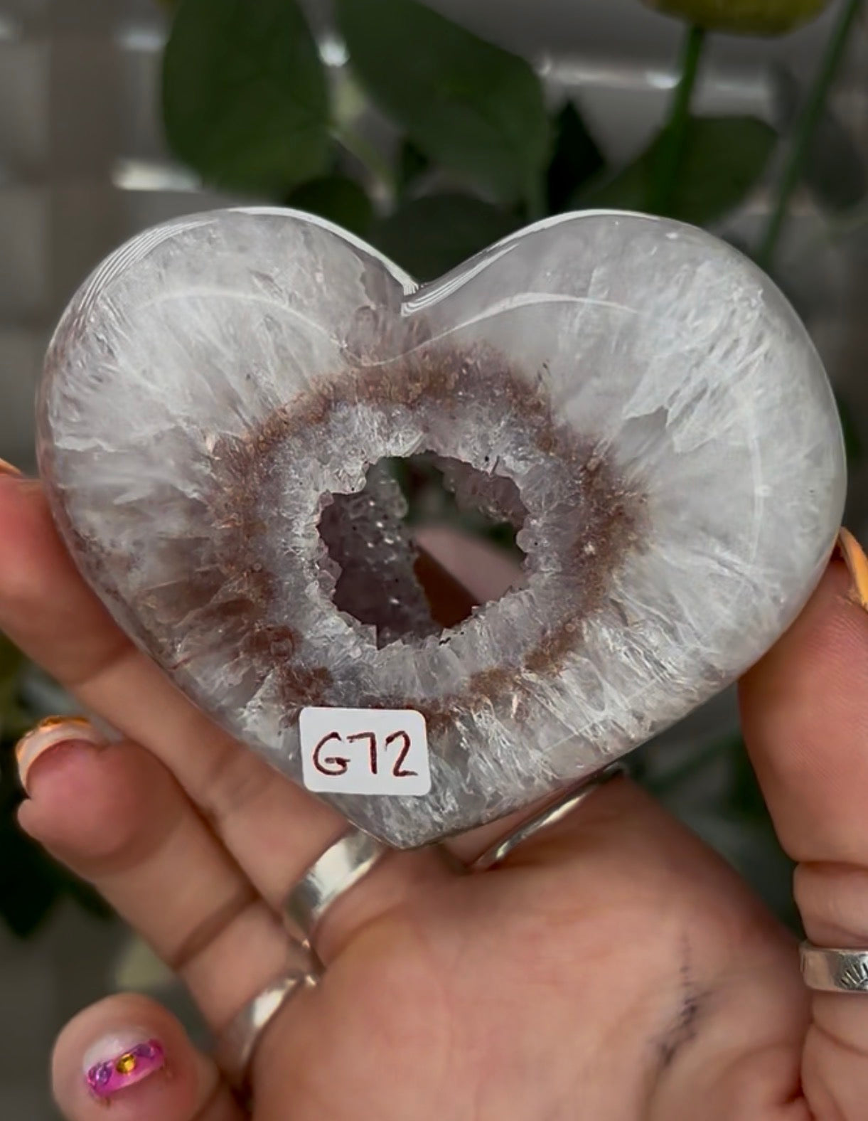 Beautiful, high grade, agate heart with druzy - comes with stand