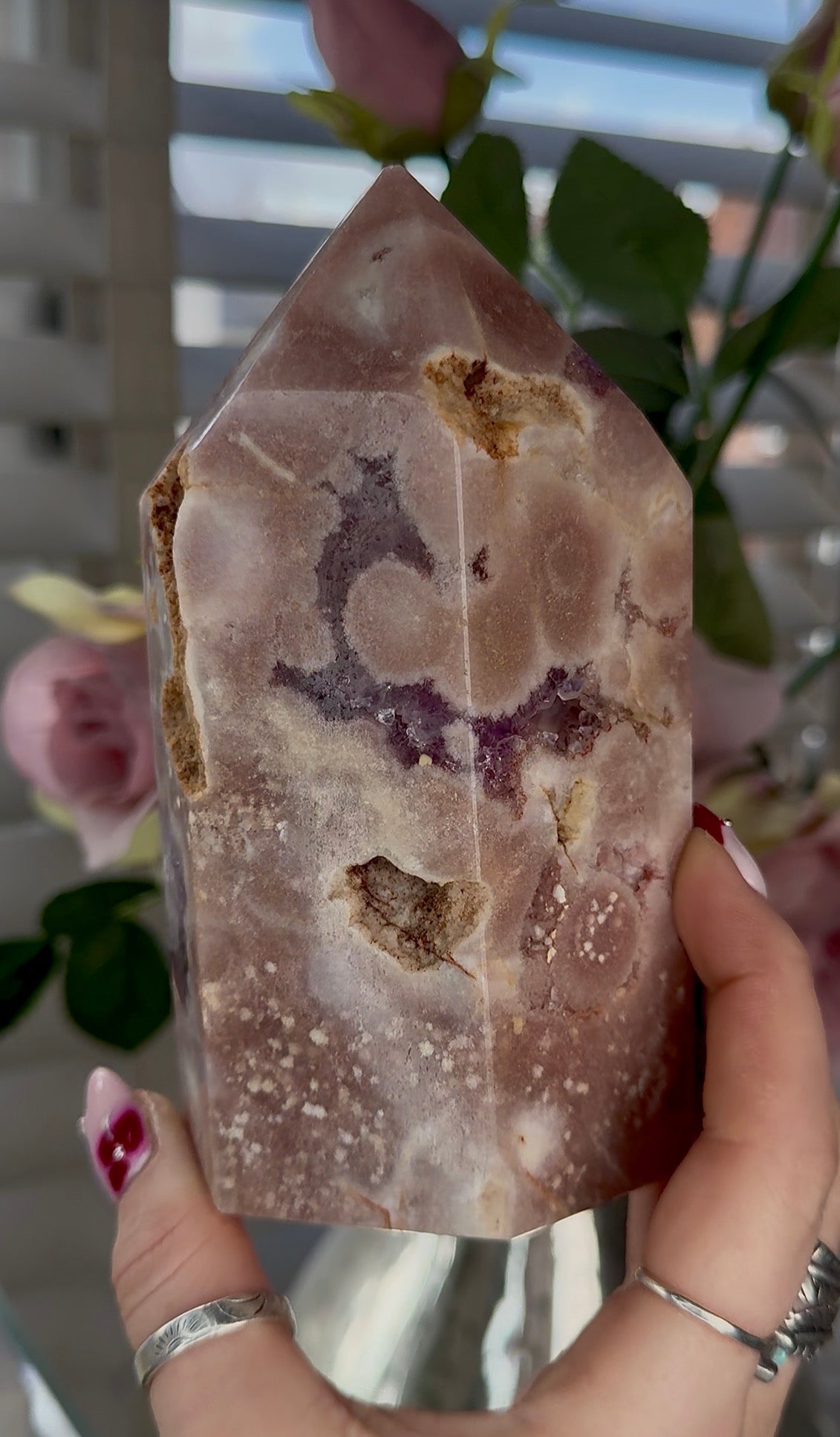 Pink amethyst tower with quartz 14cm(h) 7cm(w)