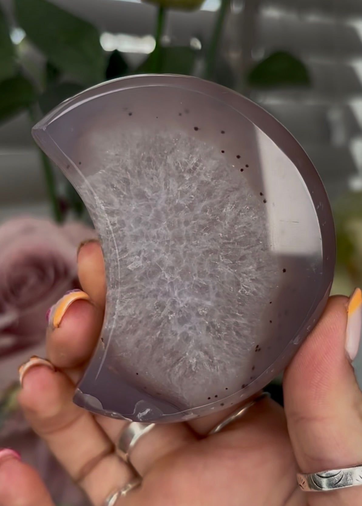 Beautiful, agate moon with druzy - stand included