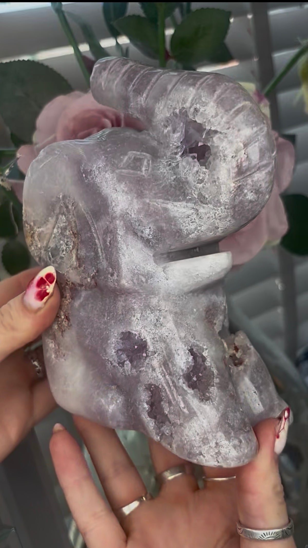 High grade, pink amethyst elephant carving with chunky druzy
