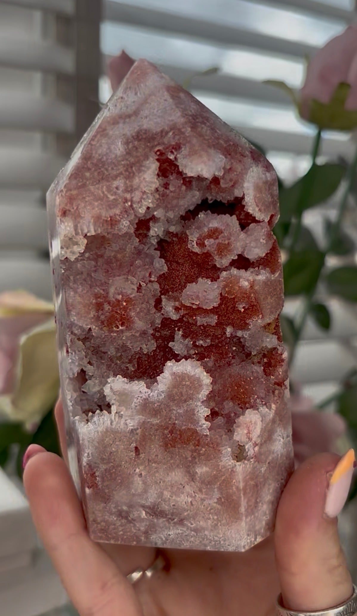 Pretty, high quality, Pink amethyst tower, in a red tone