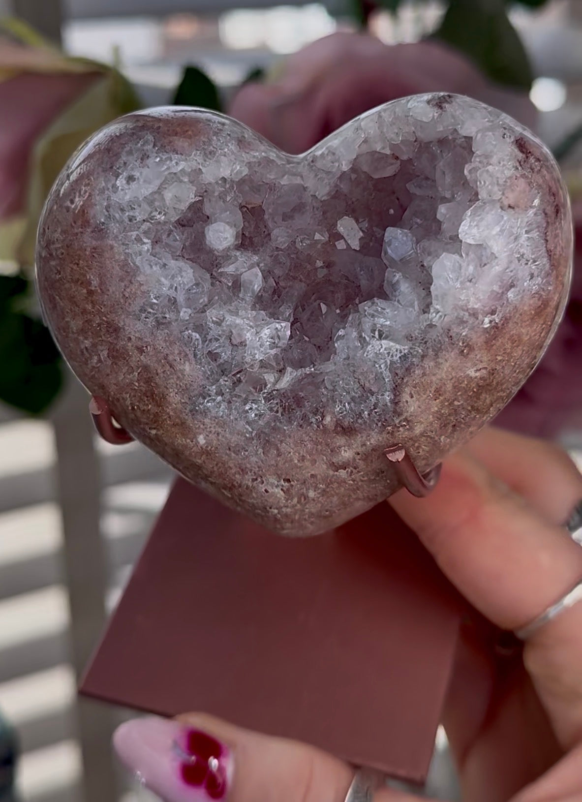 Hq pink amethyst heart with druzy - comes with stand