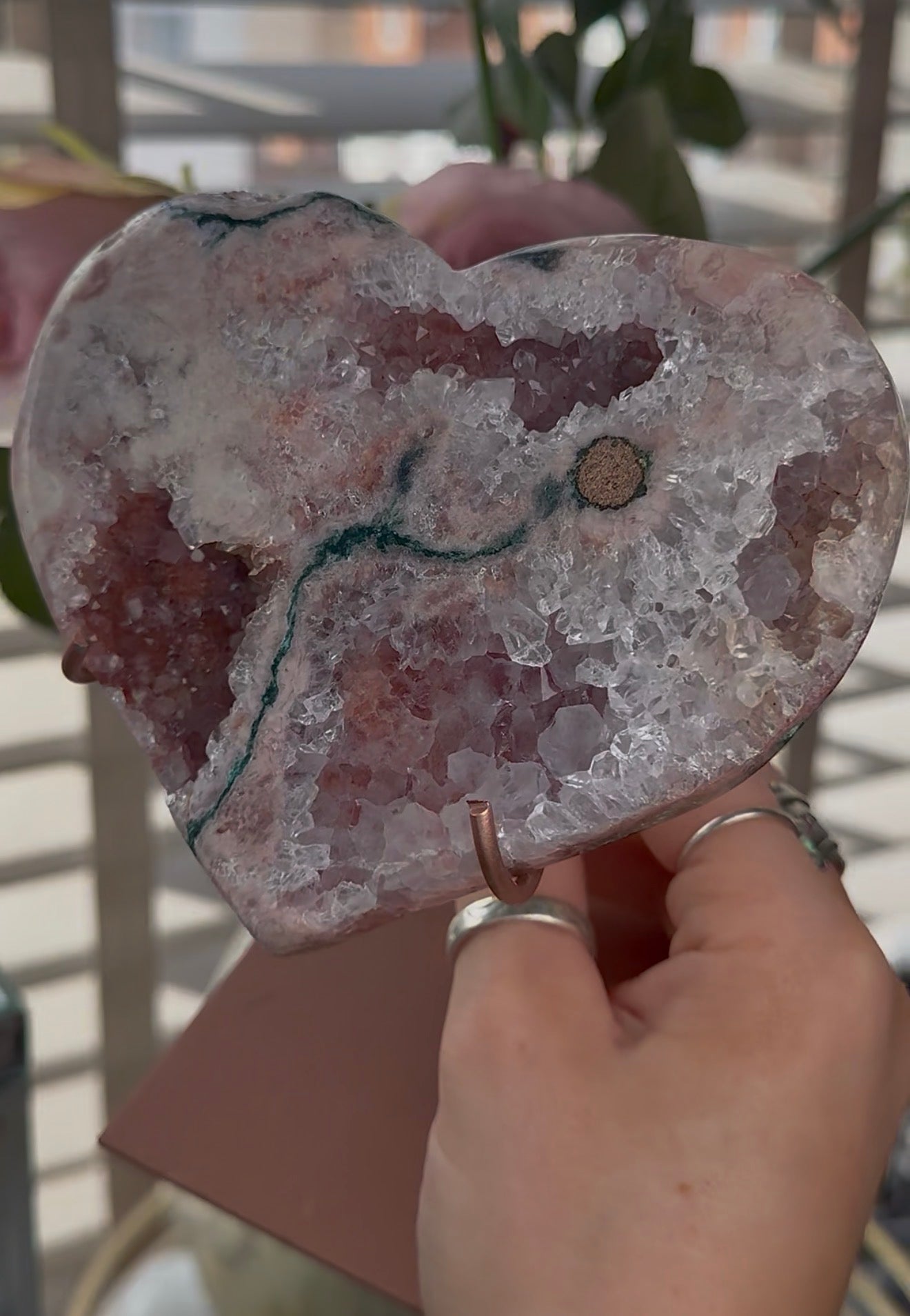 Hq pink amethyst heart with Jasper - comes with stand