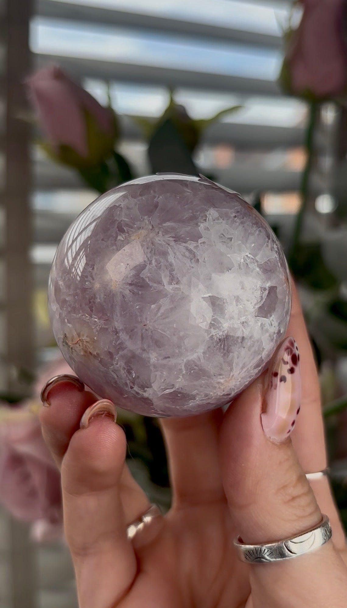 High grade, amethyst Flower agate sphere with high clarity quartz - 5.5cm