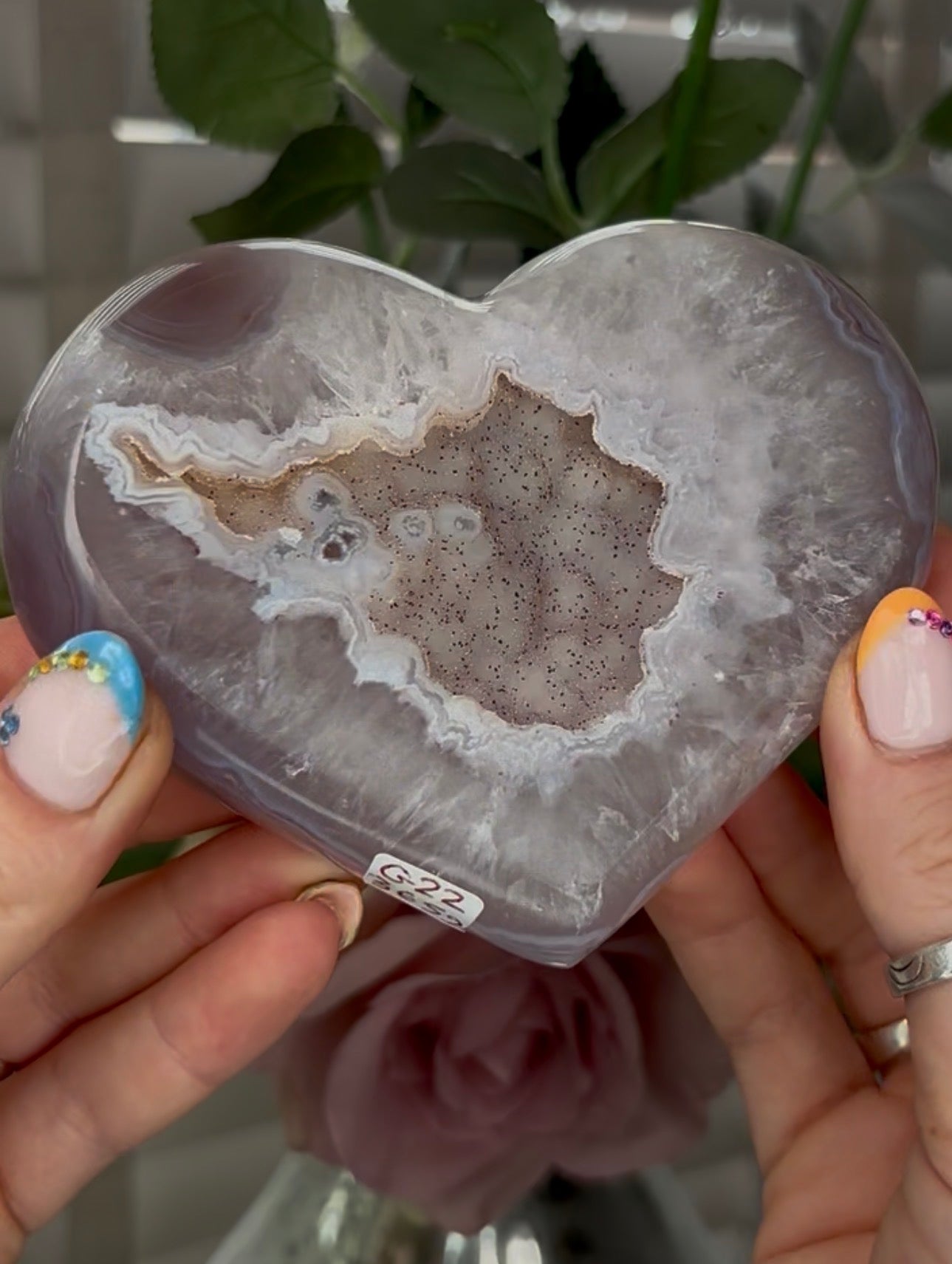 Beautiful, high grade, agate heart with druzy - comes with stand