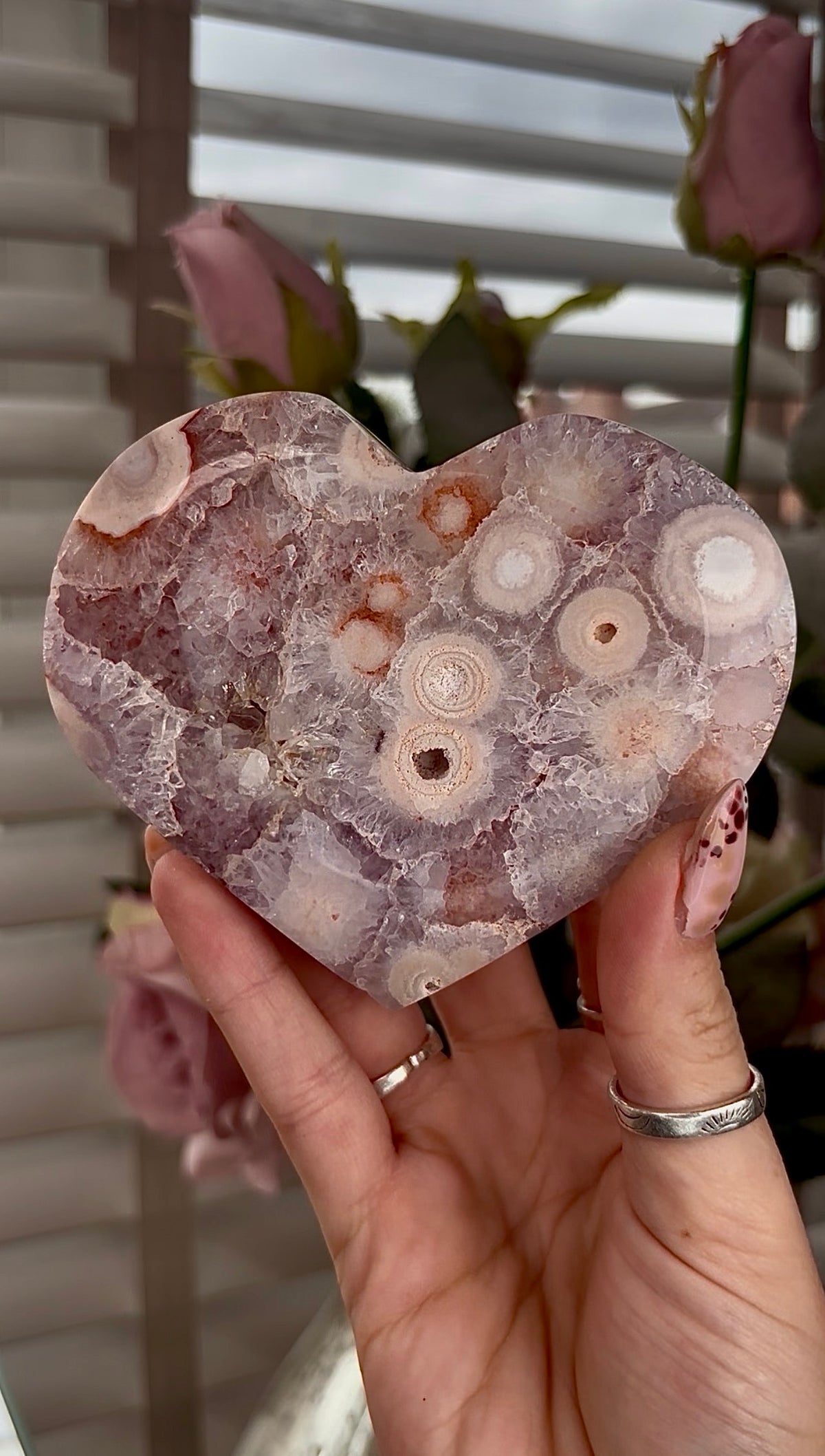 High grade, amethyst Flower agate heart with high clarity quartz