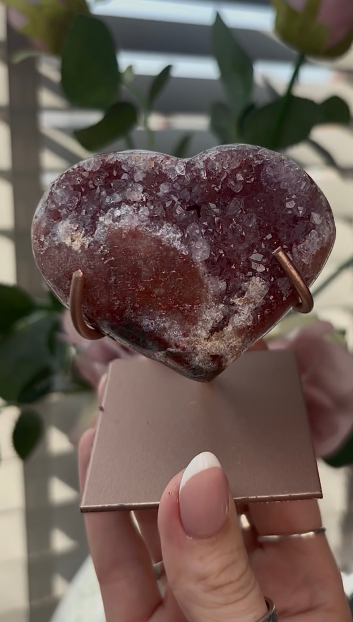 Gorgeous, high quality, pink amethyst heart with Jasper - comes with stand