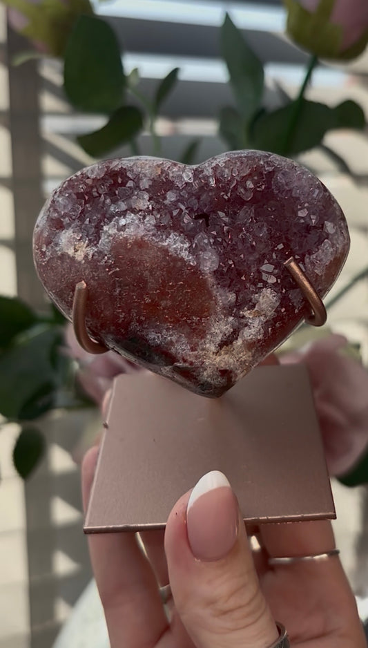 Gorgeous, high quality, pink amethyst heart with Jasper - comes with stand