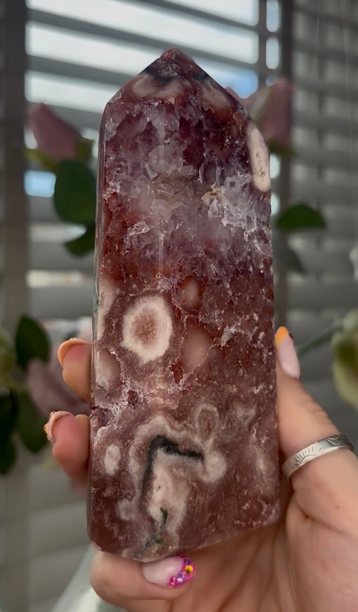 Beautiful, high quality, Pink amethyst tower with Green jasper