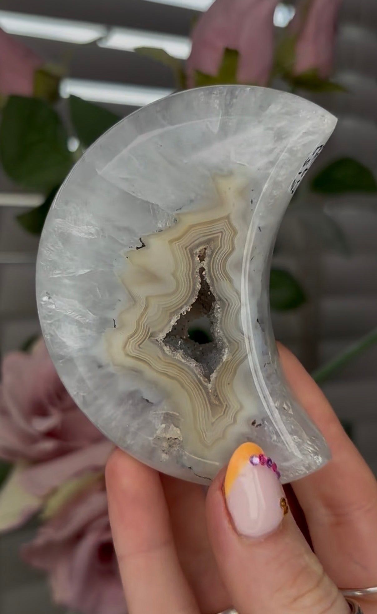 Beautiful, agate moon with druzy - comes with stand