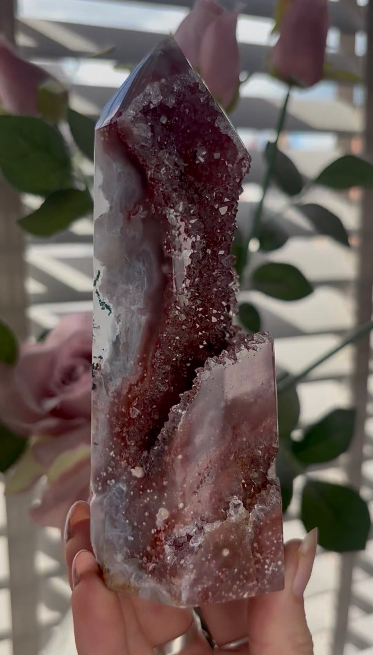 Incredible, high quality, Pink amethyst tower in red tones with sugar druzy