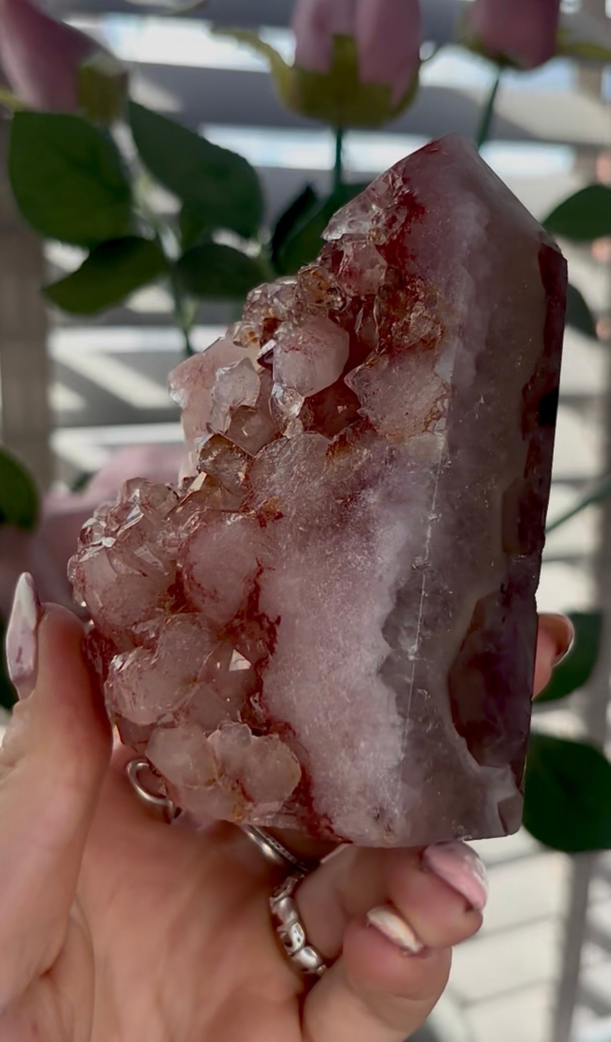 Beautiful, high quality, Pink amethyst tower in burnt orange/red tones with chewing gum druzy