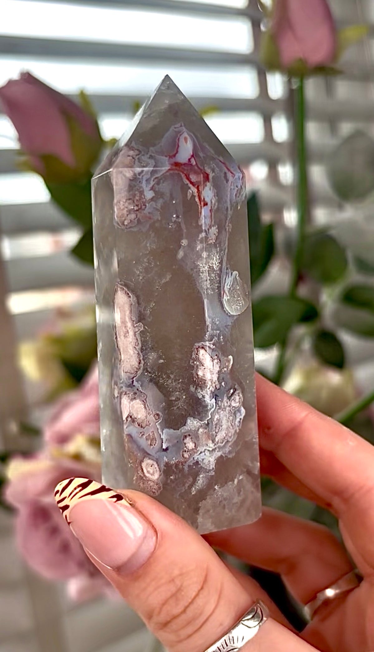 Stunning!! Super high quality, Druzy, green chlorite x blue flower agate tower