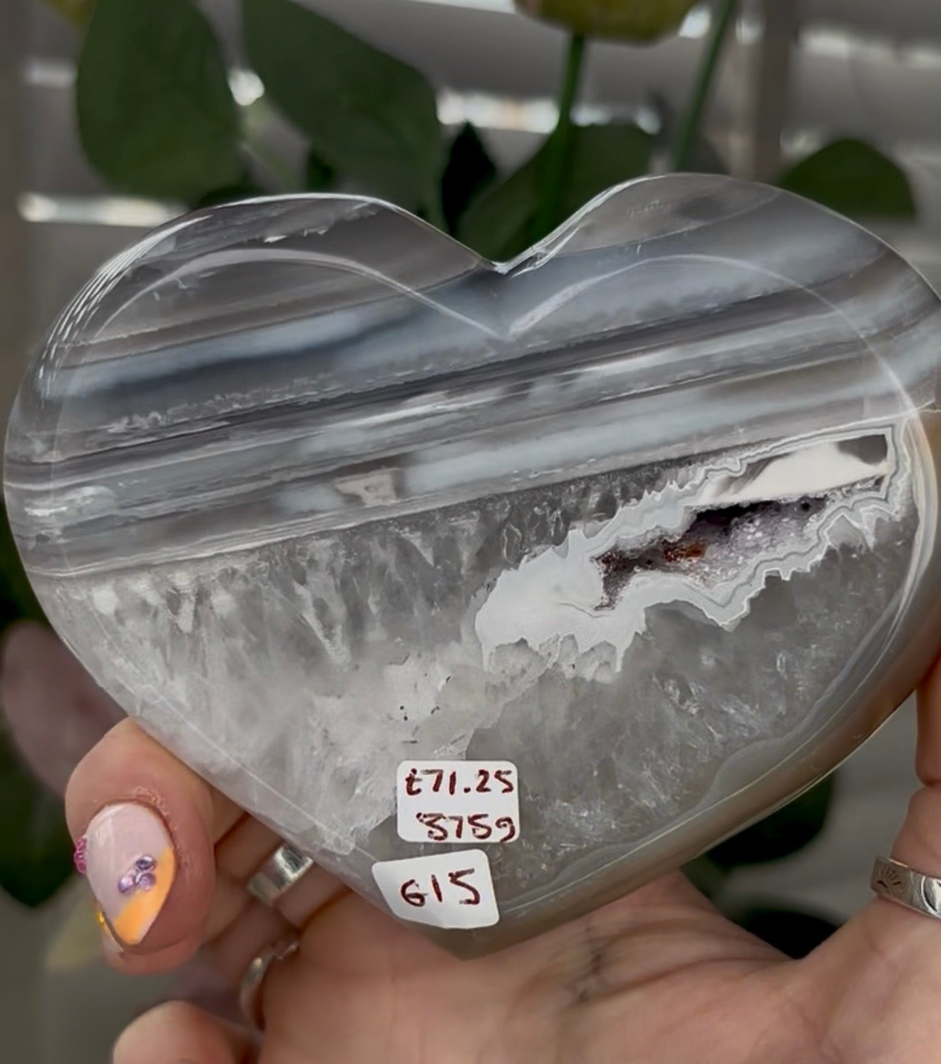 Beautiful, high grade, blue banded agate heart with druzy - stand included