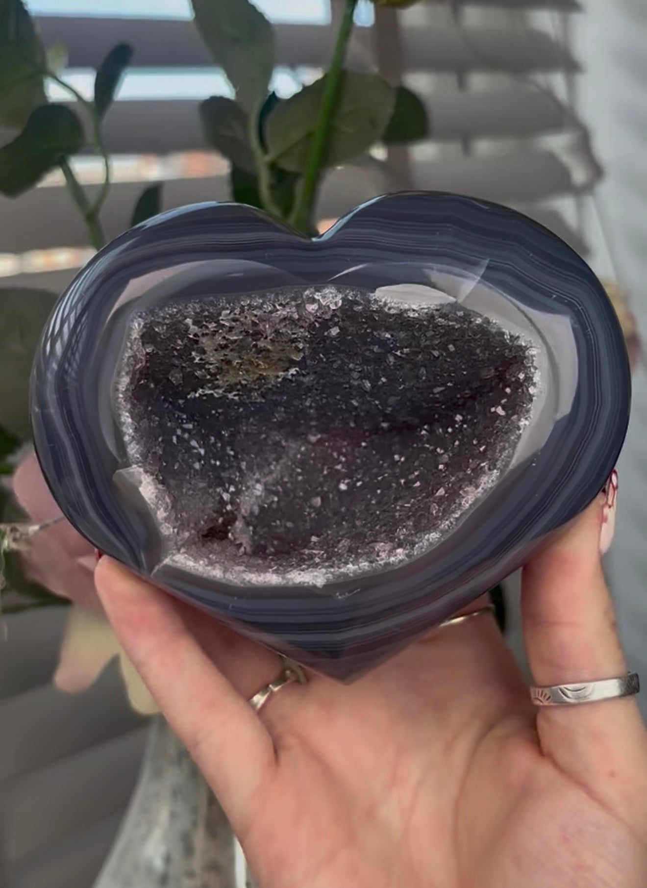 Beautiful, high quality, blue agate heart with druzy - stand included