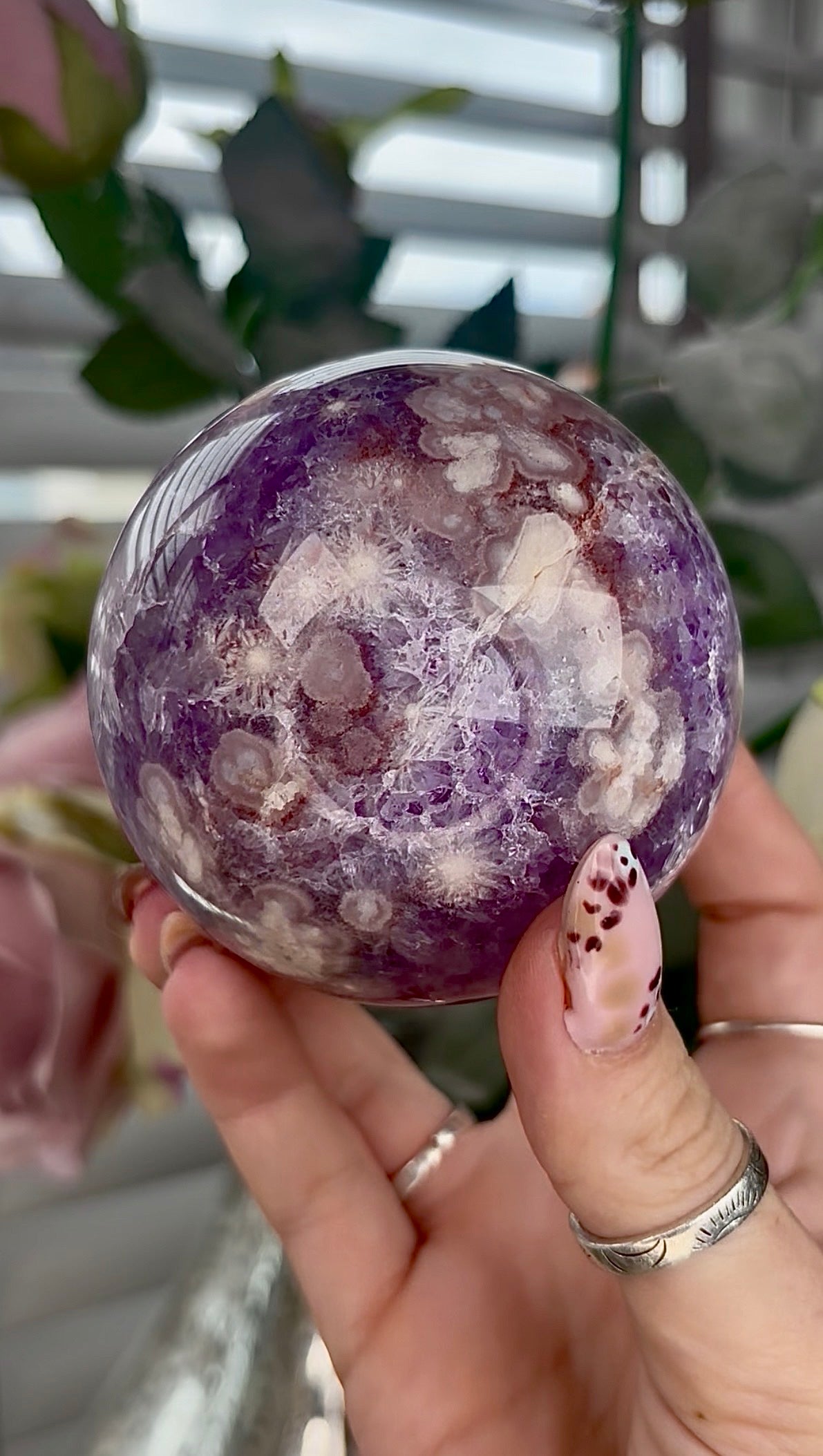High grade, Amethyst Flower agate sphere 7.5cm 585g