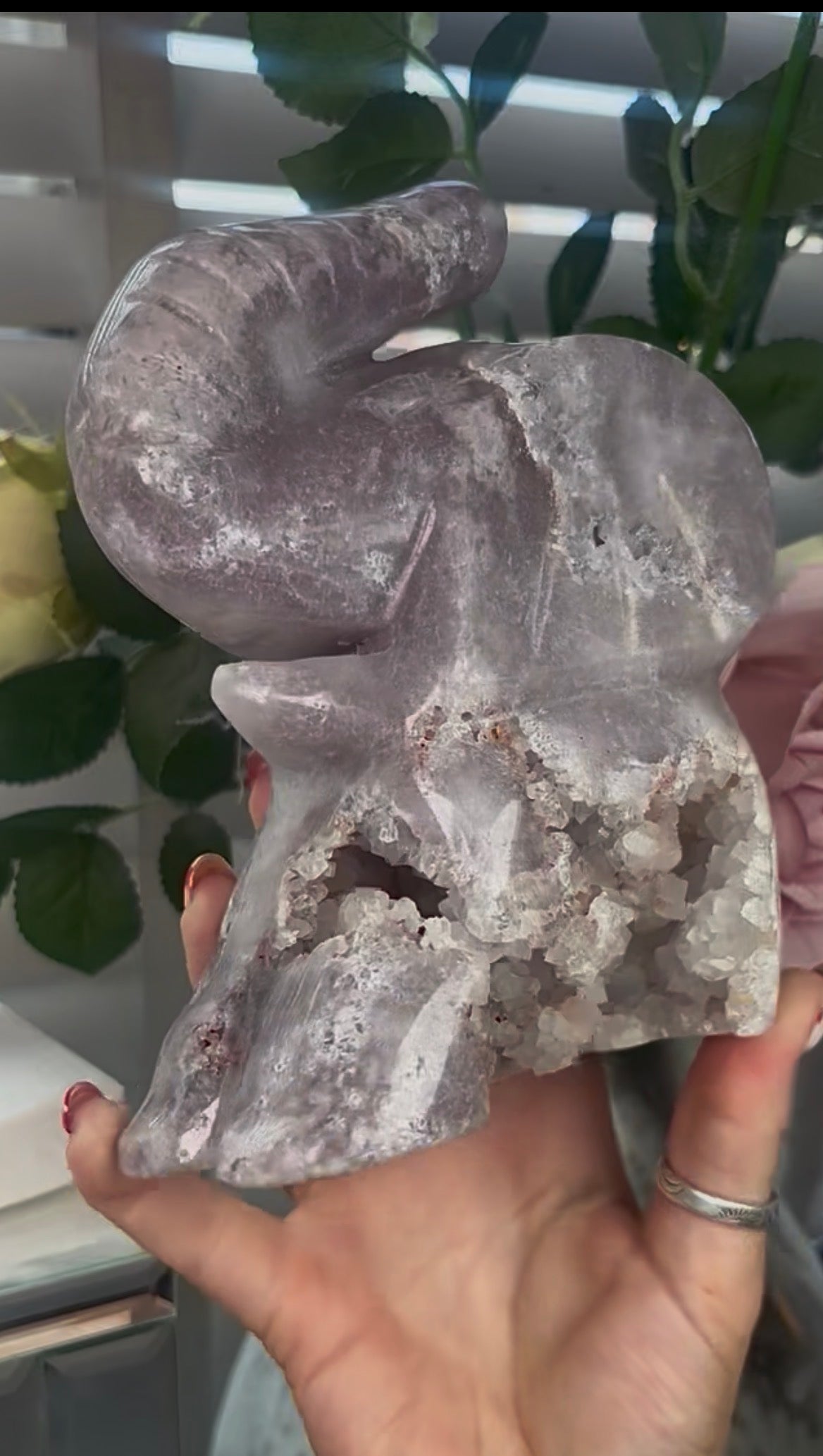 High grade, pink amethyst elephant carving with chunky druzy