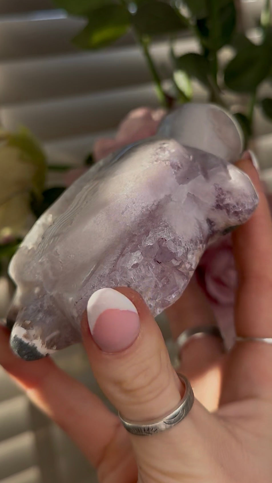 High grade, pink amethyst with Jasper sea turtle carving