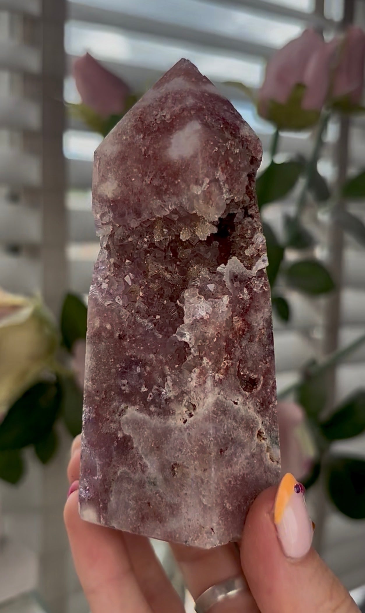 Pretty, Pink amethyst tower with Druzy