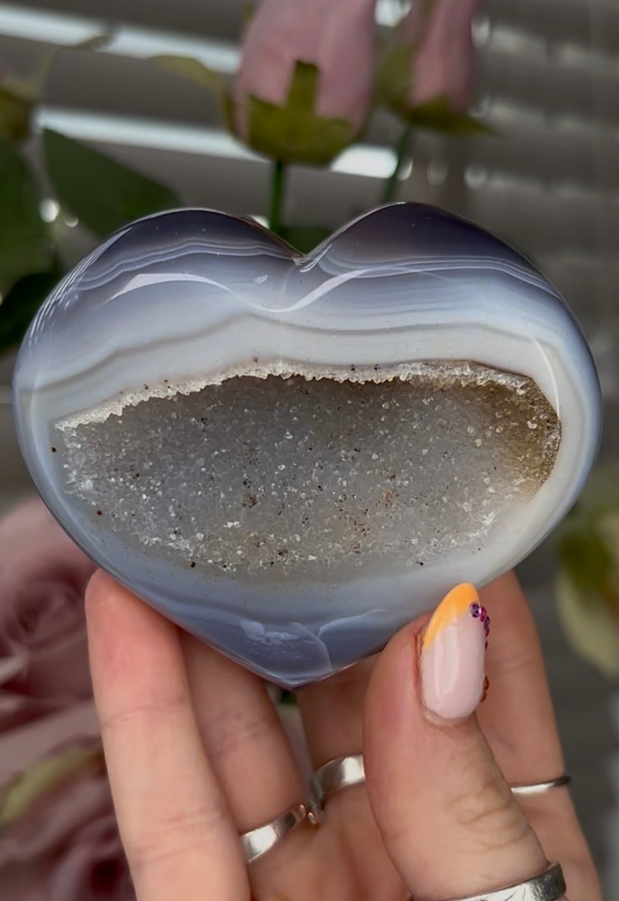 Beautiful, high grade, blue agate heart with druzy - comes with stand