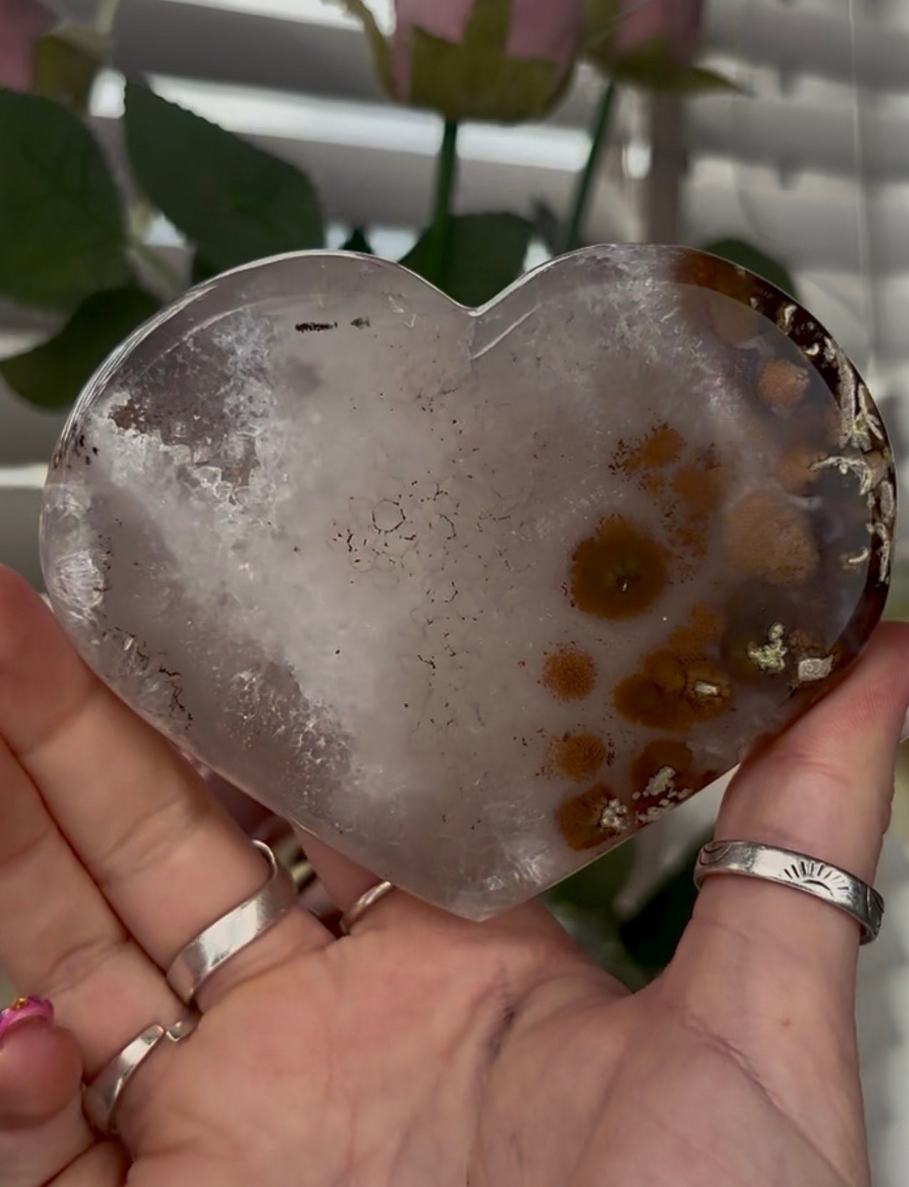 Beautiful, high quality, agate heart   with druzy - stand included