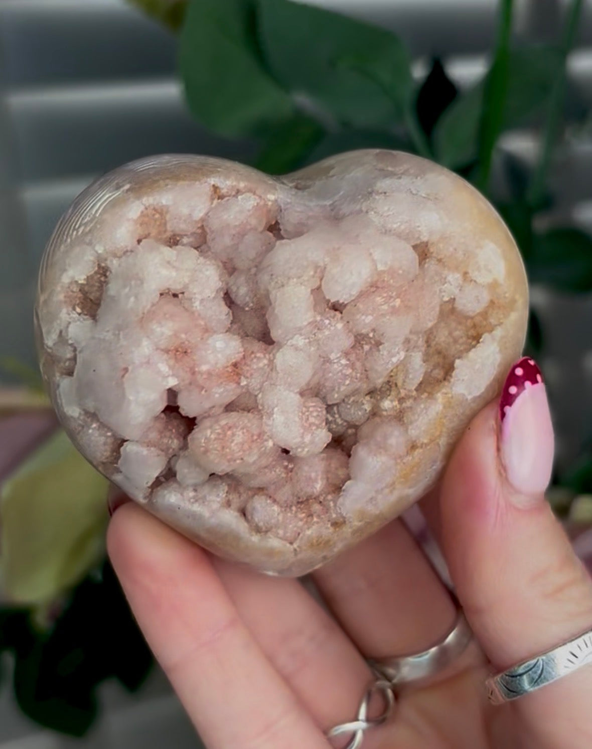 pink amethyst heart with bubble druzy - comes with stand