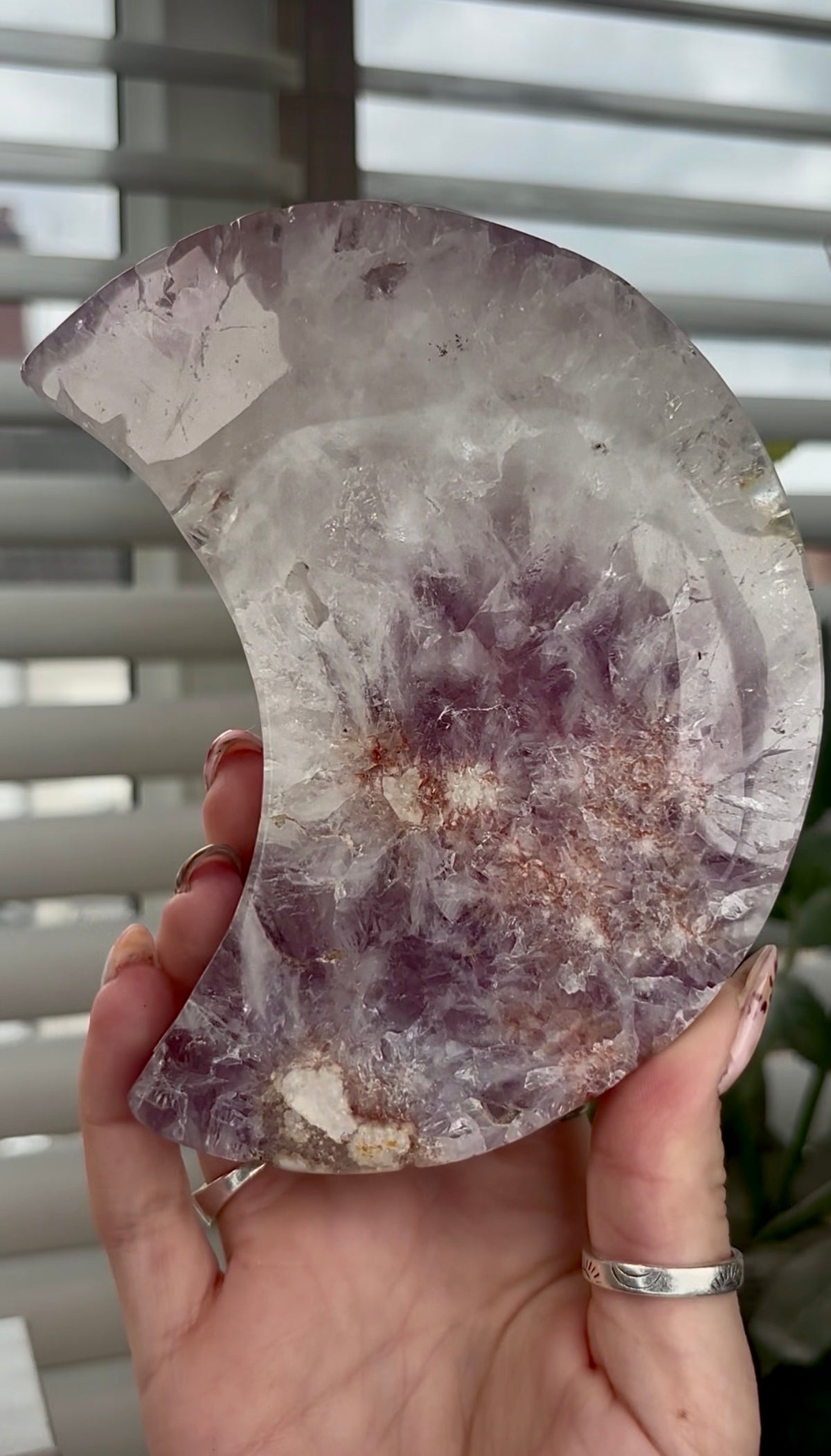 High grade, amethyst Flower agate moon with high clarity quartz