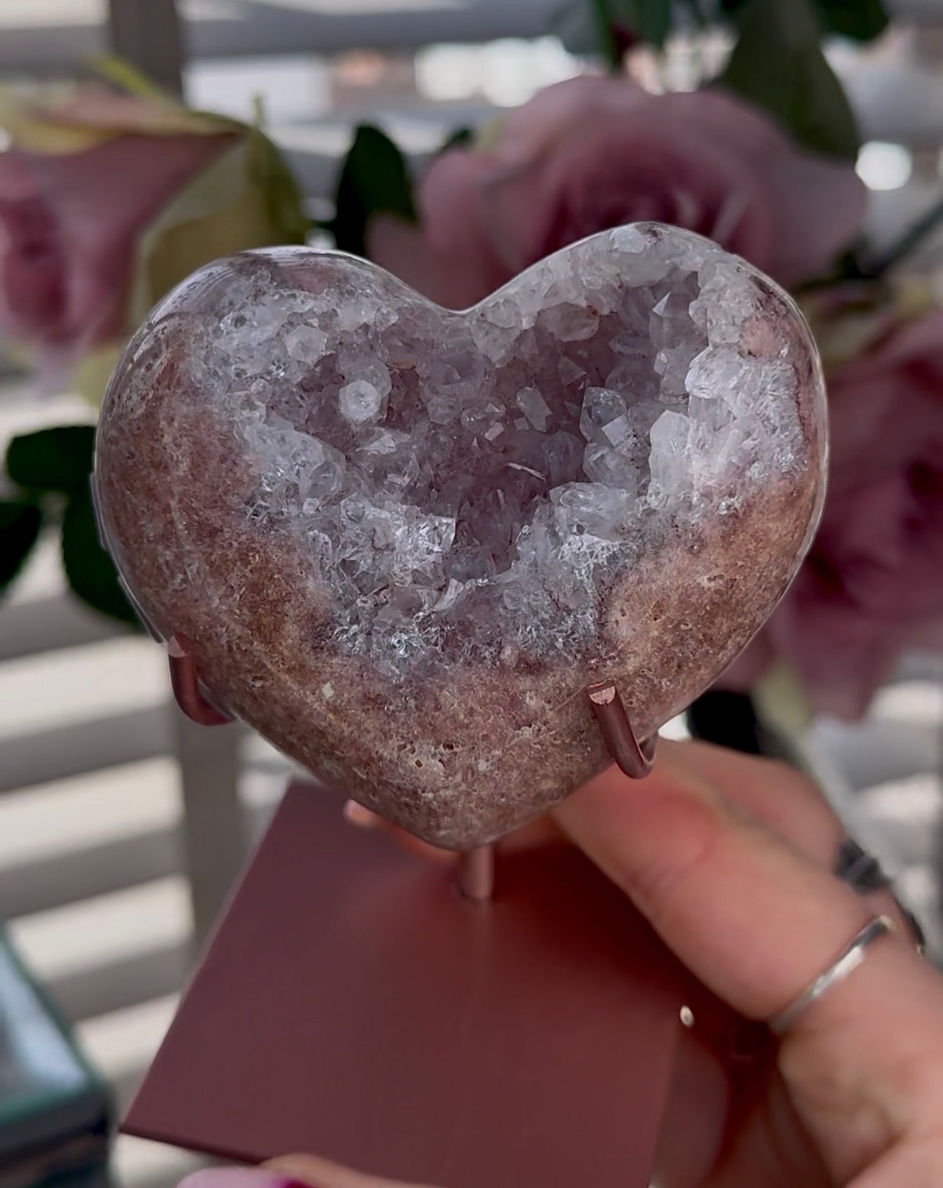 Hq pink amethyst heart with druzy - comes with stand