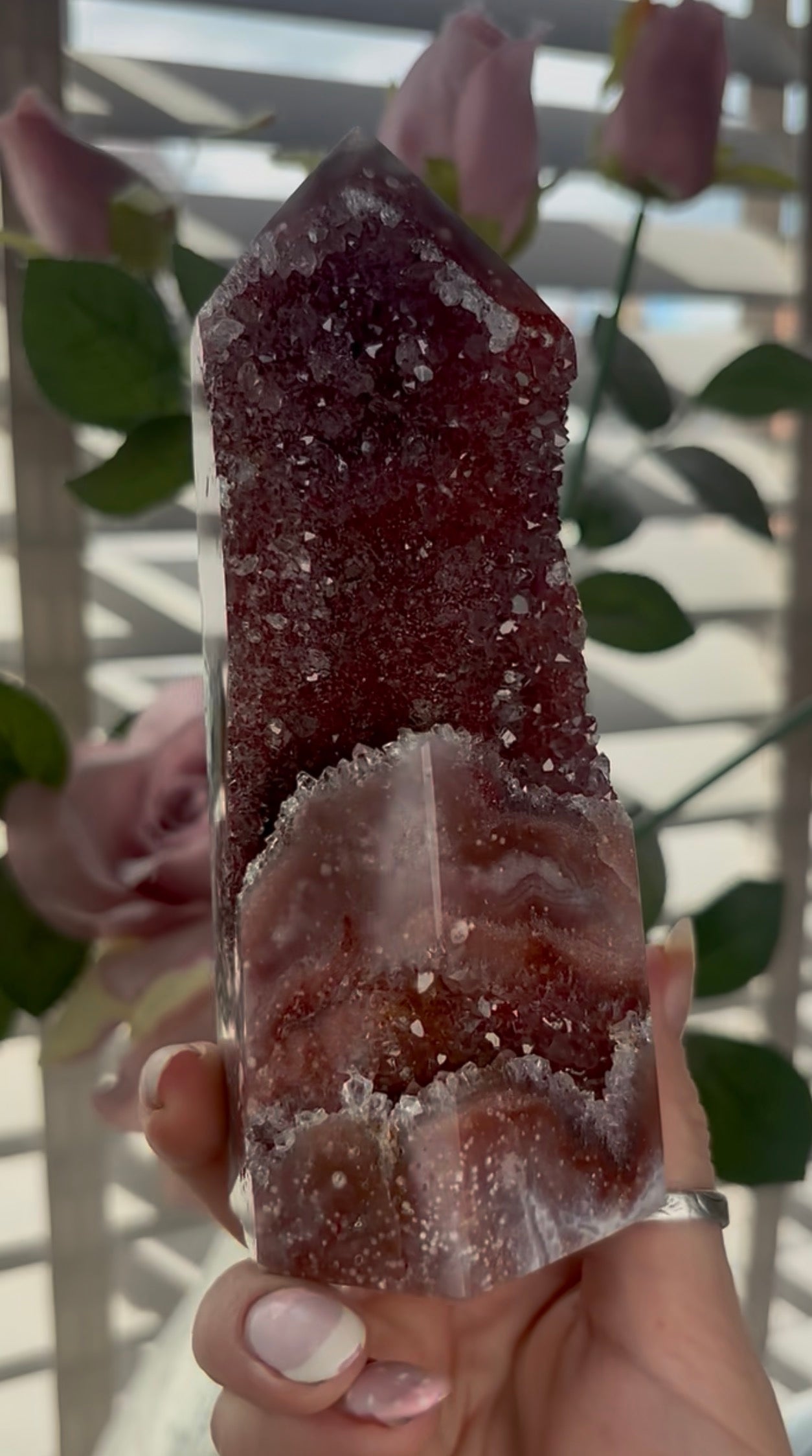 Incredible, high quality, Pink amethyst tower in red tones with sugar druzy