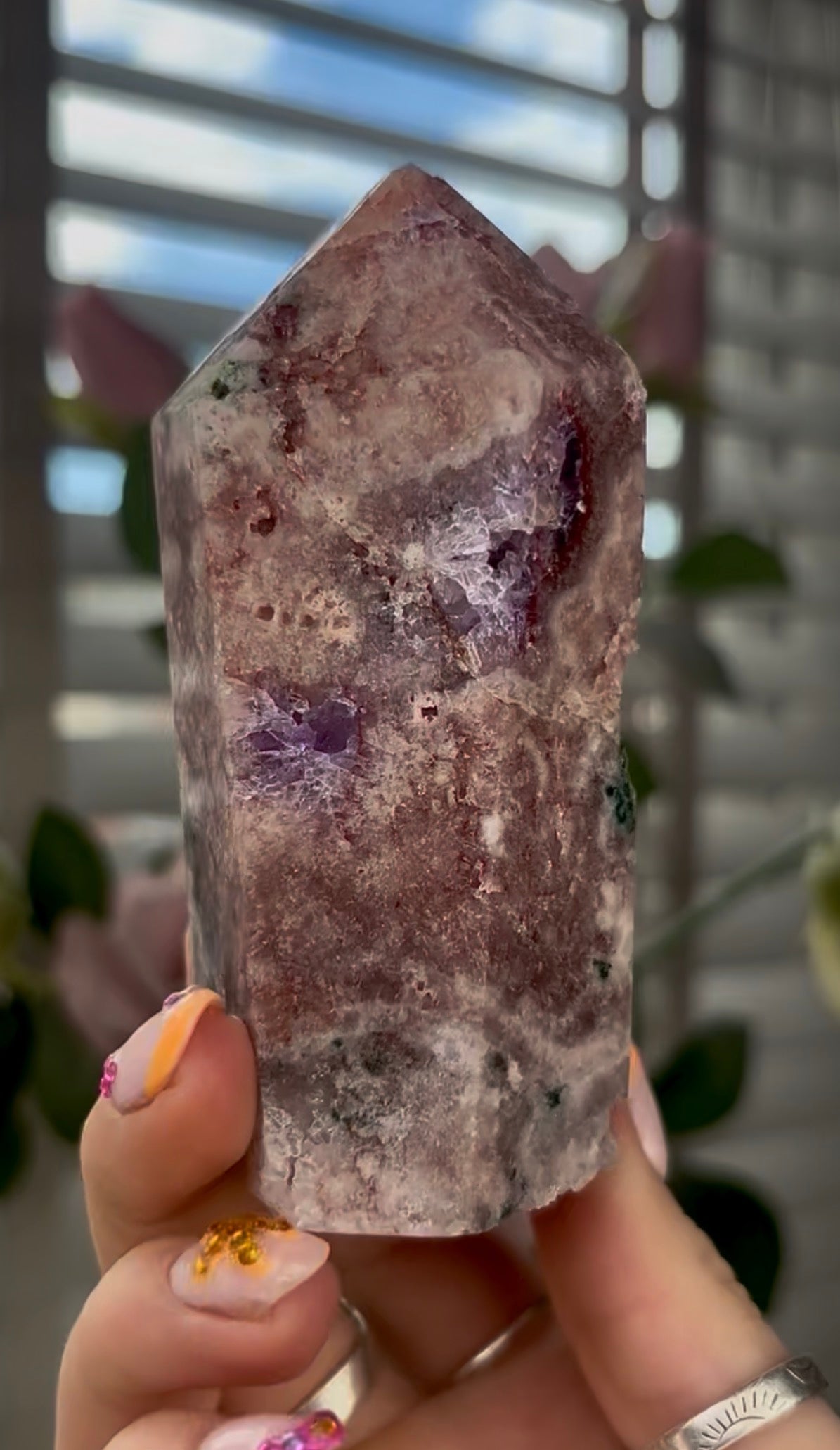 Beautiful, high quality, Pink amethyst tower with purple & quartz druzy with green jasper