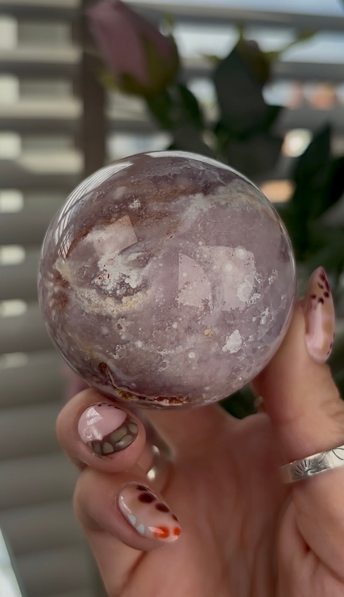 High grade, Pink amethyst Flower agate sphere with druzy quartz- 5.5cm