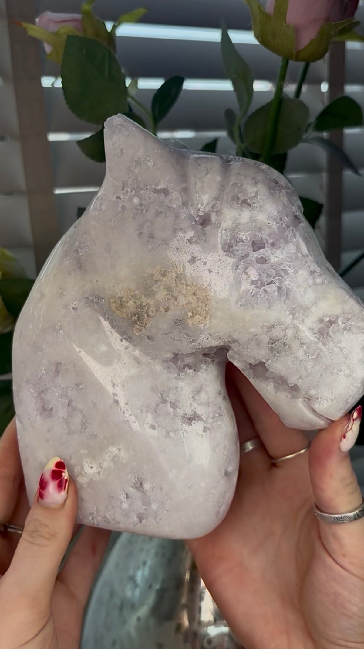 High grade, large, pink amethyst horse carving