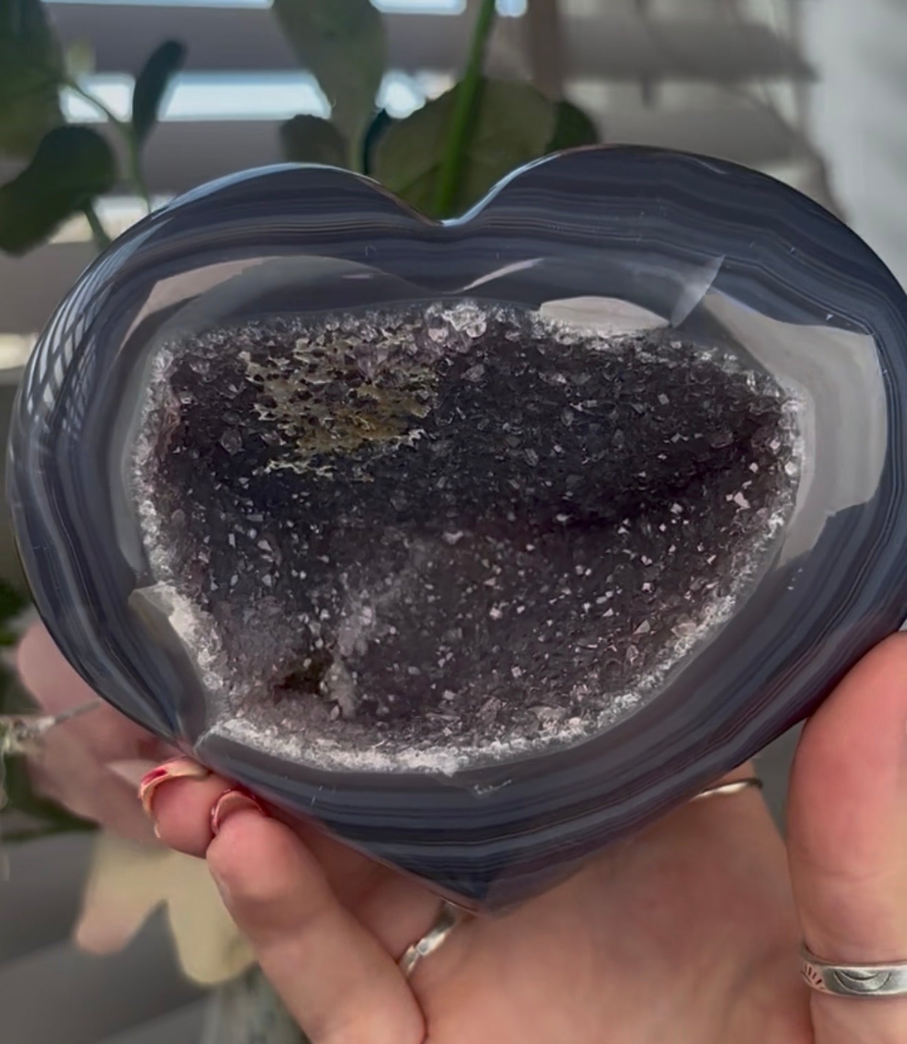 Beautiful, high quality, blue agate heart with druzy - stand included