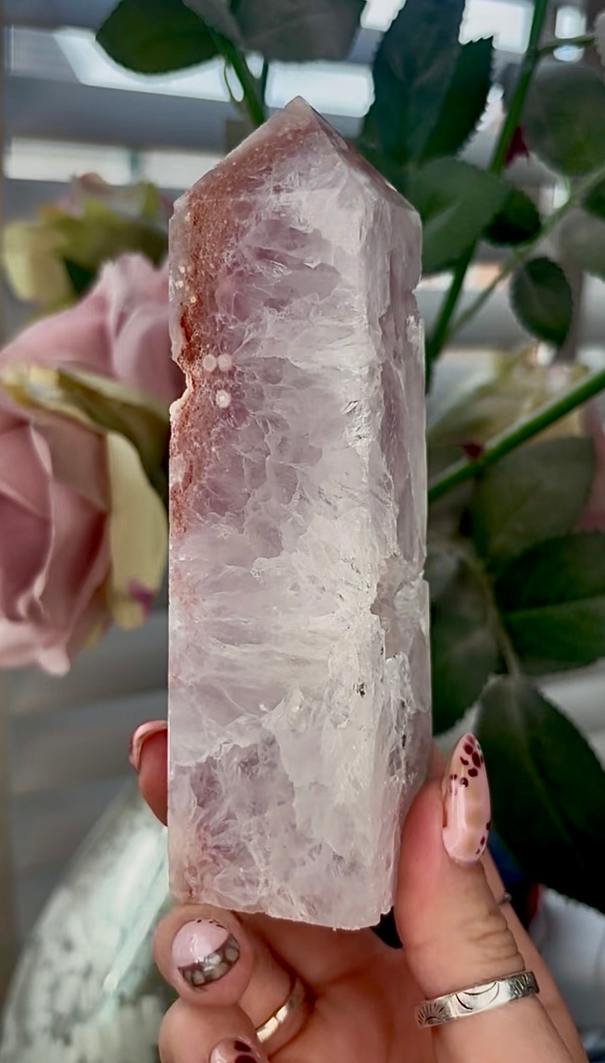 High grade, Pink amethyst, Flower agate tower with high clarity quartz