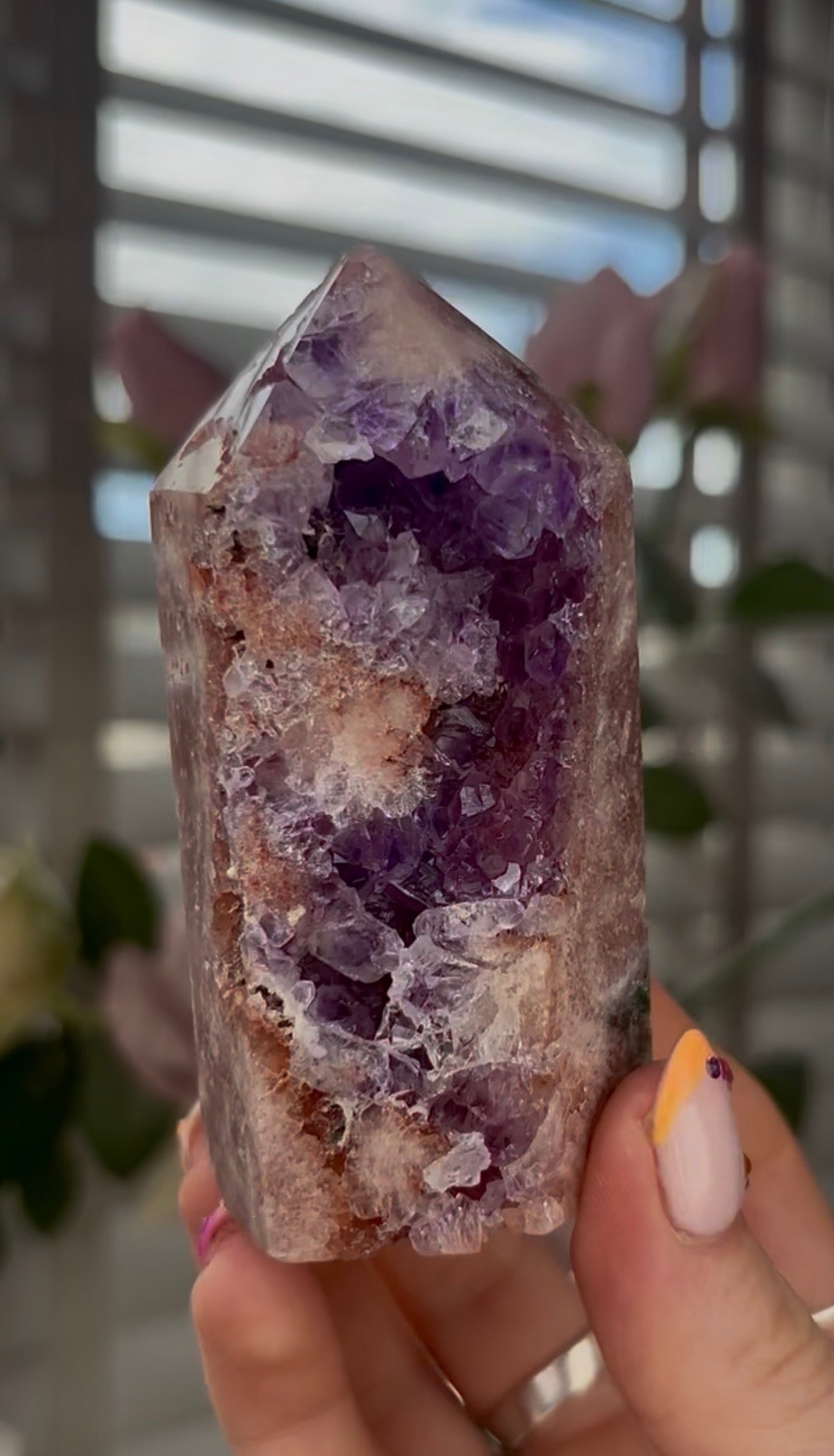 Beautiful, high quality, Pink amethyst tower with purple quartz
