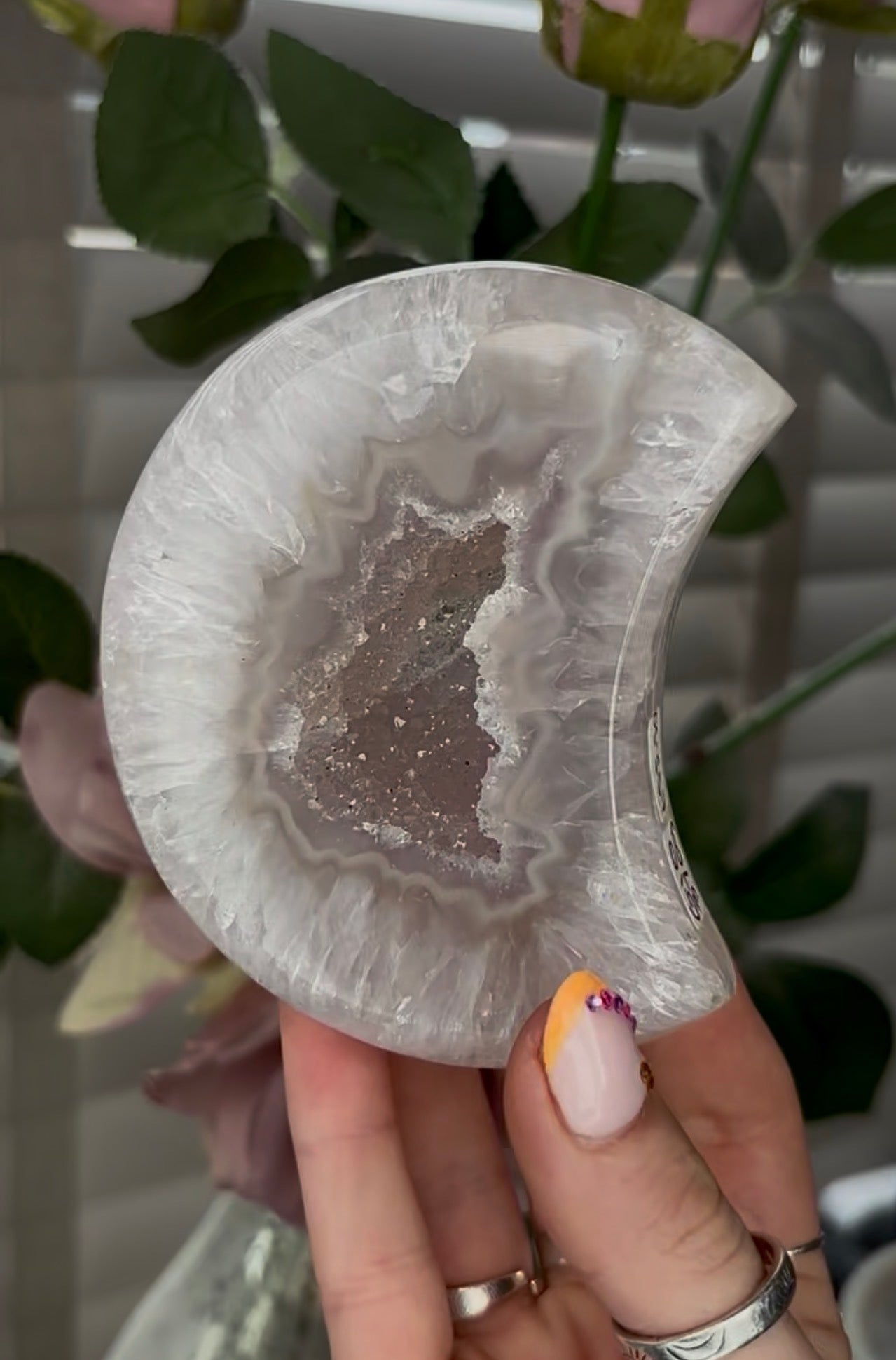 Beautiful, high grade, agate moon with druzy - comes with stand