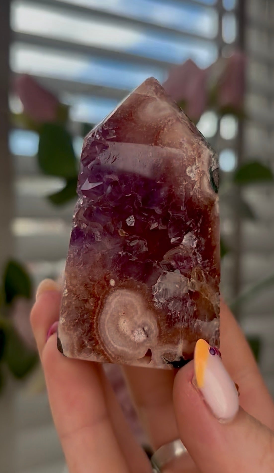 Beautiful, high quality, Pink amethyst tower with purple druzy & green jasper 6.8cm by 4cm