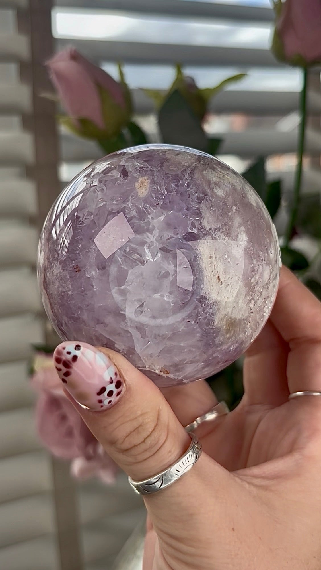 High grade, amethyst Flower agate sphere with high clarity quartz