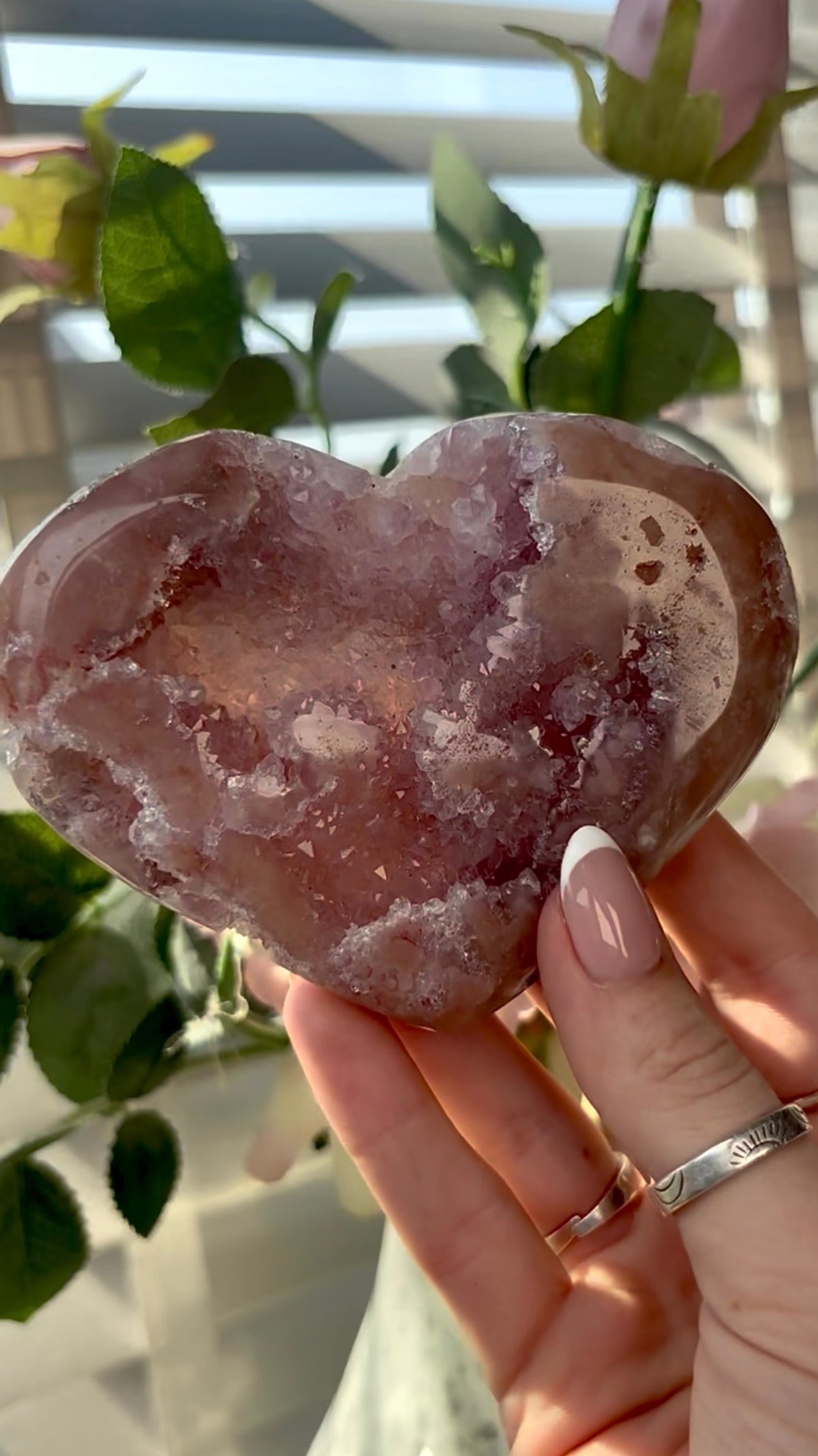 Gorgeous, hq, druzy pink amethyst heart- comes with stand