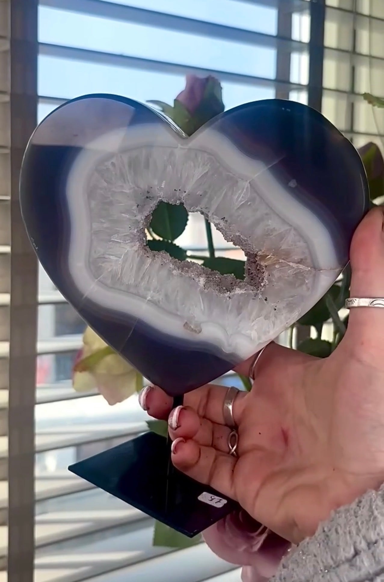 Gorgeous, high grade, blue banded agate heart on stand
