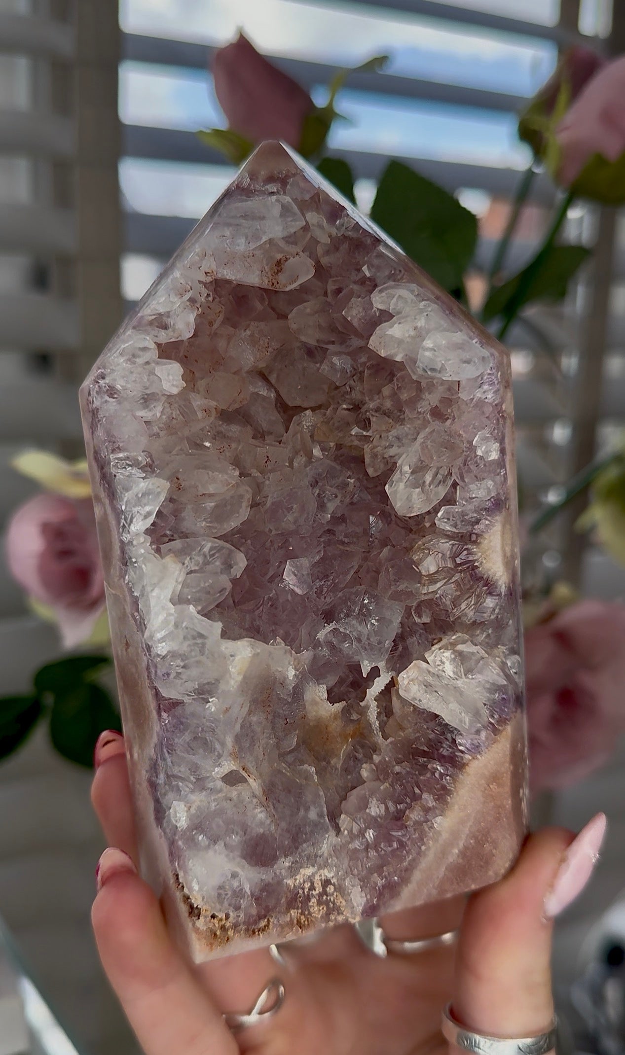 Pink amethyst tower with quartz 14cm(h) 7cm(w)