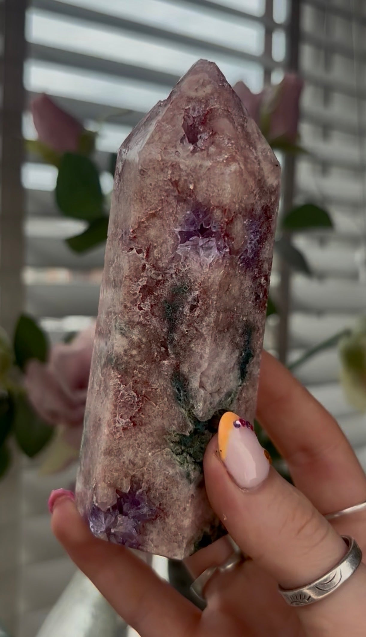 High quality, Pink amethyst tower, with purple quartz druzy