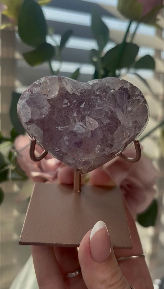 Gorgeous, high quality, pink amethyst heart with lilac quartz  - comes with stand