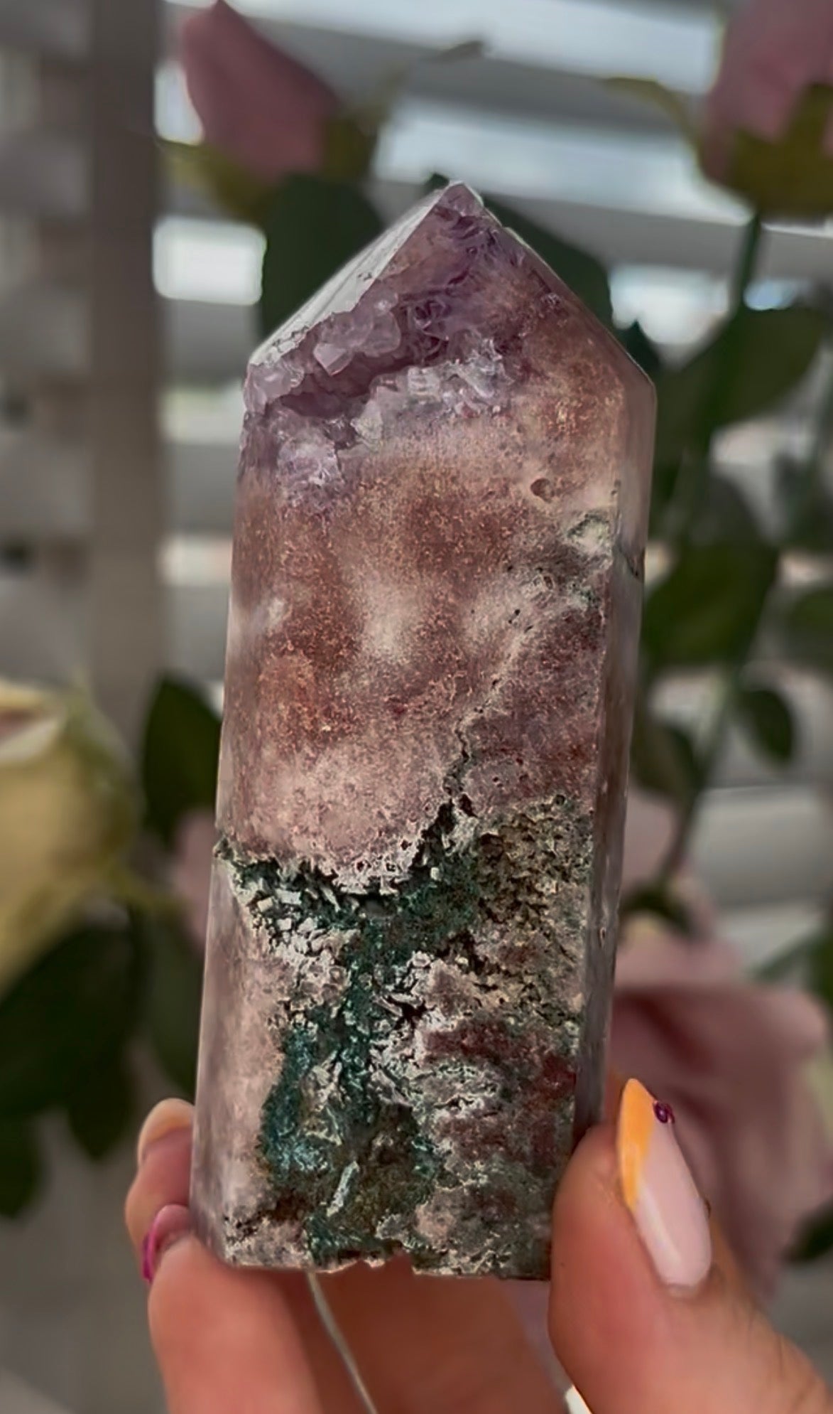 Pretty, Pink amethyst tower, with purple quartz druzy & green jasper