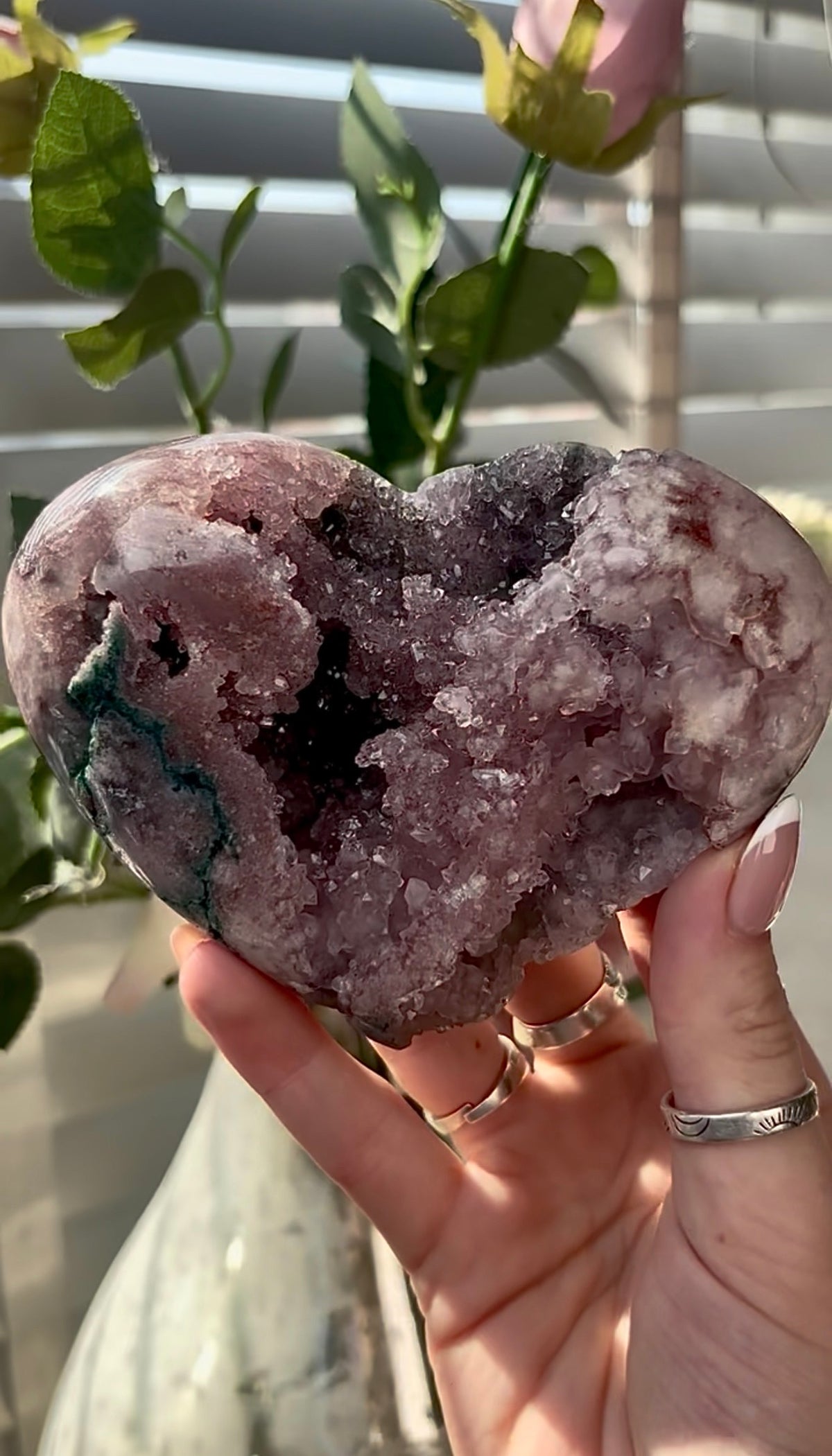 Gorgeous, pink amethyst  heart with Jasper -comes with stand
