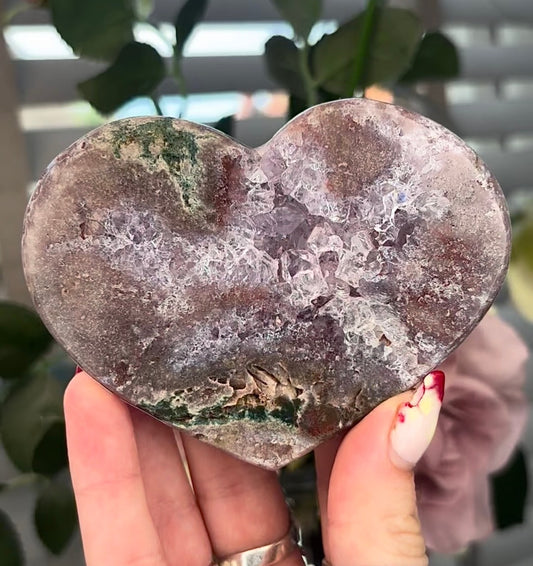 pink amethyst heart with Jasper and quartz - comes with stand (10cm)